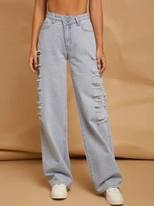 Ripped Detail Straight Leg Jeans - Light Wash - View 1