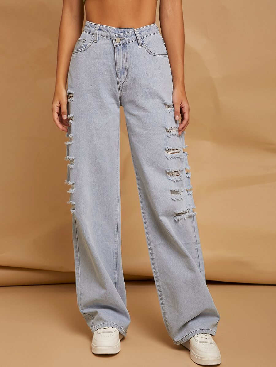 Ripped Detail Straight Leg Jeans - Light Wash - View 1
