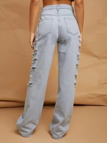 Ripped Detail Straight Leg Jeans - Light Wash - View 2