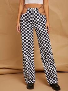 Plaid Print Side Cut Out Chain Detail Straight Leg Jeans - Blue and White - View 3