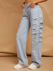 Ripped Detail Straight Leg Jeans - Light Wash - View 3