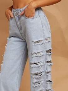 Ripped Detail Straight Leg Jeans - Light Wash - View 4