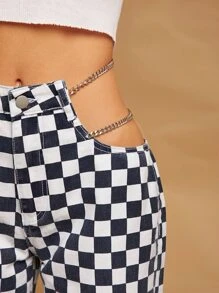 Plaid Print Side Cut Out Chain Detail Straight Leg Jeans - Blue and White - View 4