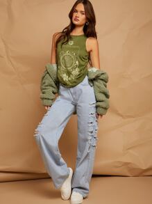 Ripped Detail Straight Leg Jeans - Light Wash - View 5