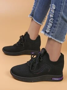 Lace-up Front Wedge Sneakers - Black - View 1