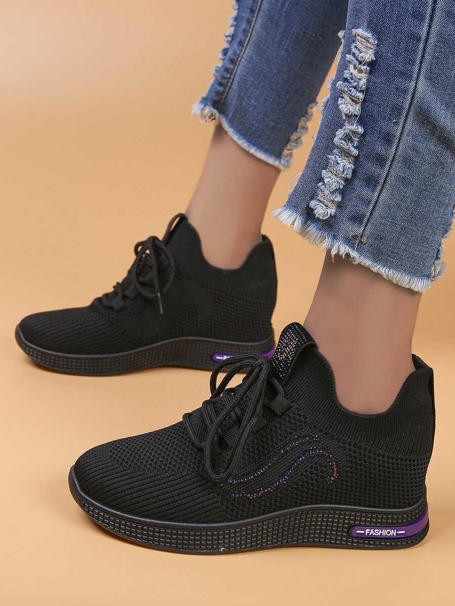 Lace-up Front Wedge Sneakers - Black - View 1