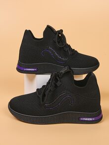 Lace-up Front Wedge Sneakers - Black - View 3