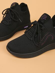 Lace-up Front Wedge Sneakers - Black - View 4