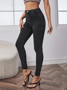 高腰緊身九分牛仔褲 - 深灰色 - 查看 2