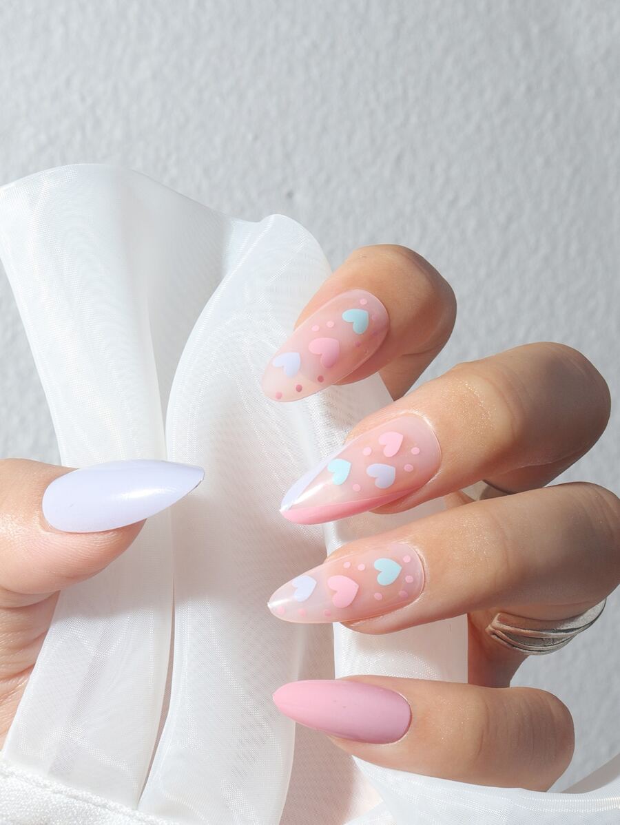 Elevate Your Style with 24pcs Long Almond White Pink Heart Pattern Fake Nail & 1pc Nail File & 1sheet Tape