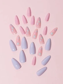 Elevate Your Style with 24pcs Long Almond White Pink Heart Pattern Fake Nail & 1pc Nail File & 1sheet Tape