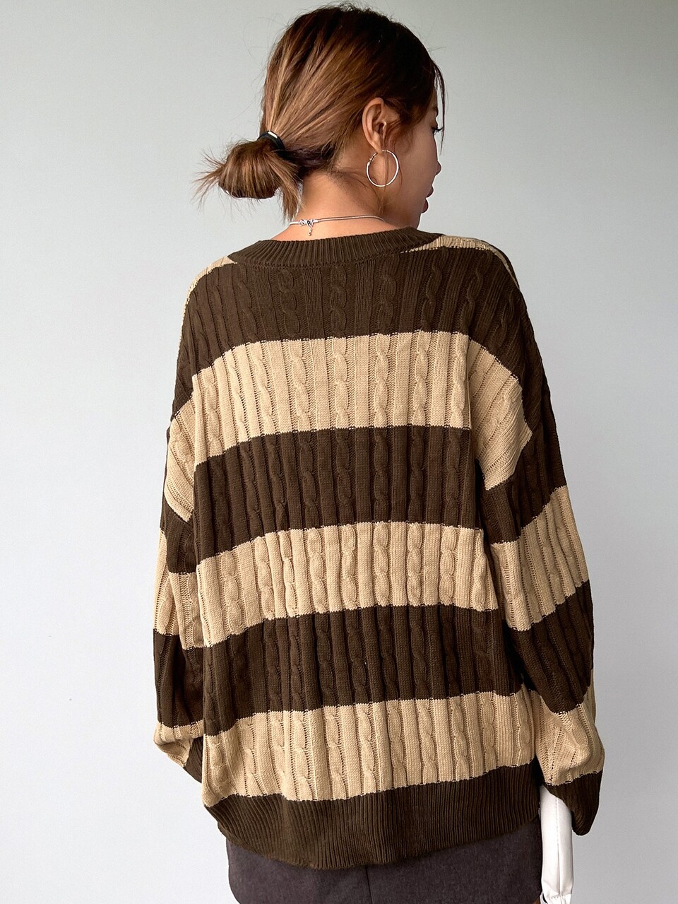Color Block Drop Shoulder Cable Knit Sweater,Long Sleeve Tops,Fall Clothes
