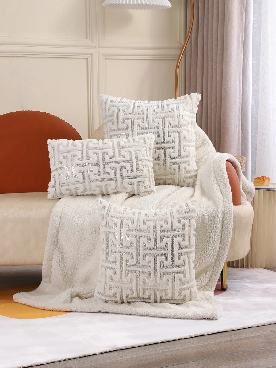 1pc Plush Embroidery Pillowcase With Glitter Decor - Beige - View 1