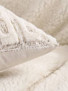 1pc Plush Embroidery Pillowcase With Glitter Decor - Beige - View 3