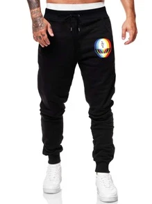 ROMWE MEN Pantalones Deportivos Con Letra Y Gráfico De Alienígena Para Hombres - Negro - Ver 1