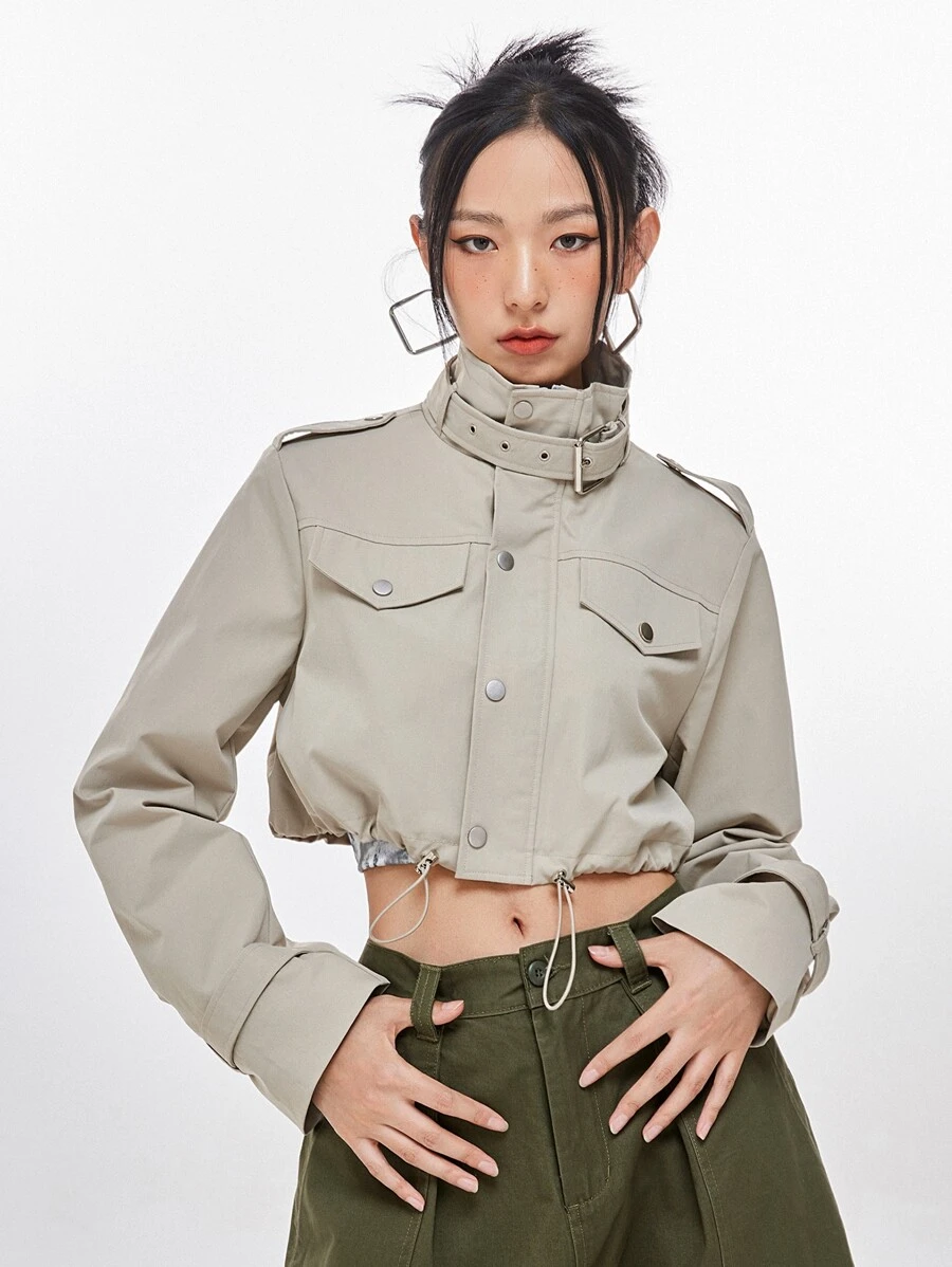 DAZY Áo khoác nữ Dây kéo Túi màu trơn Giải trí - Màu Khaki - Xem 1
