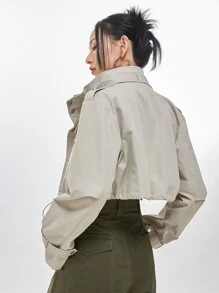 DAZY Áo khoác nữ Dây kéo Túi màu trơn Giải trí - Màu Khaki - Xem 2