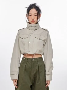 DAZY Áo khoác nữ Dây kéo Túi màu trơn Giải trí - Màu Khaki - Xem 3