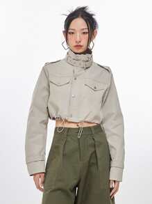 DAZY Áo khoác nữ Dây kéo Túi màu trơn Giải trí - Màu Khaki - Xem 4