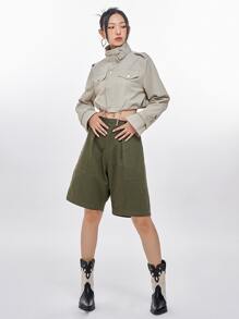 DAZY Áo khoác nữ Dây kéo Túi màu trơn Giải trí - Màu Khaki - Xem 5