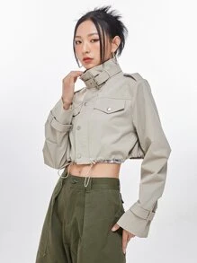 DAZY Áo khoác nữ Dây kéo Túi màu trơn Giải trí - Màu Khaki - Xem 6