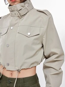 DAZY Áo khoác nữ Dây kéo Túi màu trơn Giải trí - Màu Khaki - Xem 7