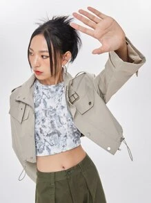 DAZY Áo khoác nữ Dây kéo Túi màu trơn Giải trí - Màu Khaki - Xem 8