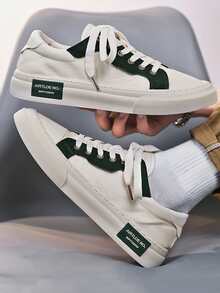 Men Letter Graphic Two Tone Lace-up Front Canvas Shoes - Beige - View 2