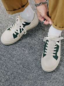 Men Letter Graphic Two Tone Lace-up Front Canvas Shoes - Beige - View 3