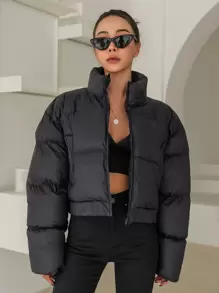 DAZY 實色拉鍊前充棉厚口袋外套 - 黑色 - 查看 1