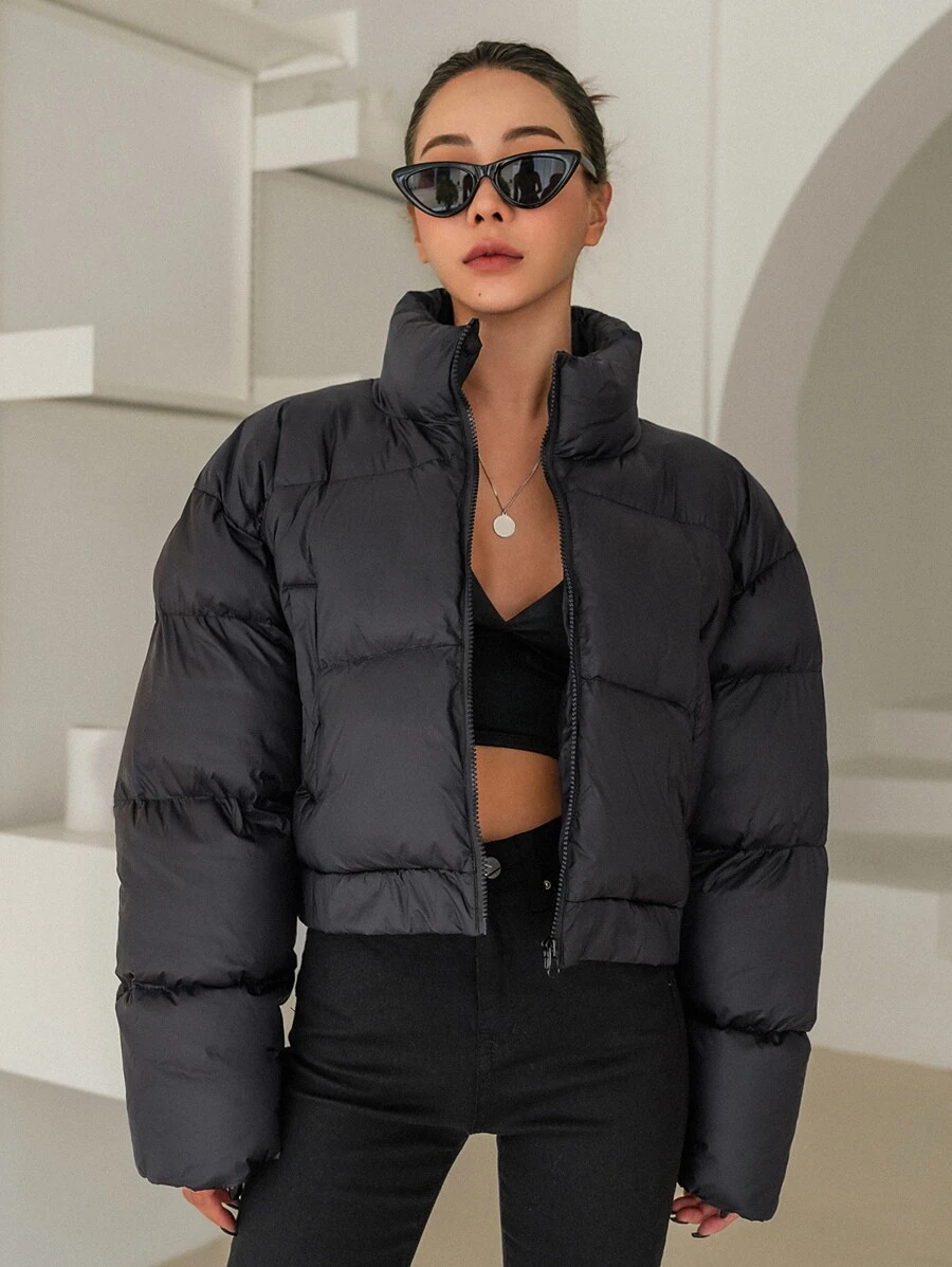 DAZY 實色拉鍊前充棉厚口袋外套 - 黑色 - 查看 1