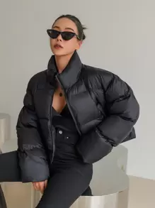 DAZY 實色拉鍊前充棉厚口袋外套 - 黑色 - 查看 3