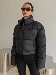 DAZY 實色拉鍊前充棉厚口袋外套 - 黑色 - 查看 5