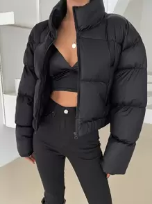 DAZY 實色拉鍊前充棉厚口袋外套 - 黑色 - 查看 6