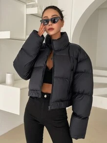 DAZY 實色拉鍊前充棉厚口袋外套 - 黑色 - 查看 8