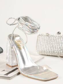 SHUZIA Funky Strappy Sandals For Women, Holographic Tie Leg Design Chunky Heeled Sandals For Wedding Party - Silver - View 2