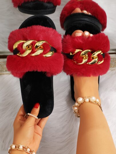 Flauschige Schlafzimmer Hausschuhe mit Kette Dekor