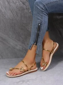 女士金属蝴蝶装饰人字拖凉鞋，度假夏季平底凉鞋，沙滩装扮 - 金色 - 查看 2