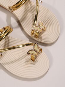 女士金属蝴蝶装饰人字拖凉鞋，度假夏季平底凉鞋，沙滩装扮 - 金色 - 查看 4