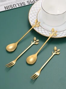 2 piezas con diseño de hoja Cuchara & 2 piezas Tenedor Set - Dorado - Ver 1