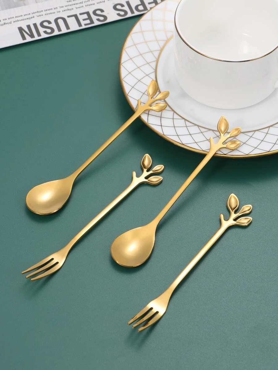 2 piezas con diseño de hoja Cuchara & 2 piezas Tenedor Set - Dorado - Ver 1