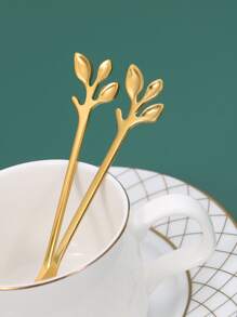2 piezas con diseño de hoja Cuchara & 2 piezas Tenedor Set - Dorado - Ver 3