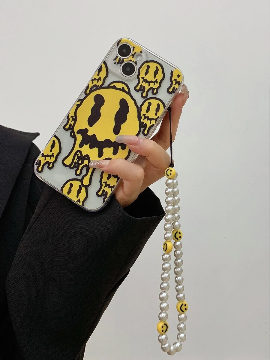 Ốp điện thoại in hình nụ cười có dây buộc đính ngọc trai giả tương thích với iPhone15/15Plus/15Pro/15Promax - Nhiều màu - Xem 1