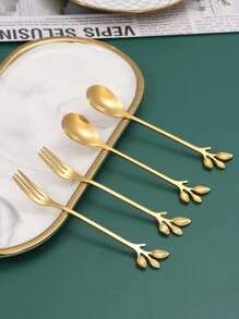 2 piezas con diseño de hoja Cuchara & 2 piezas Tenedor Set - Dorado - Ver 4