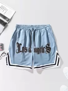 Aesthetic Post Nam Lá thư In Quần short Với Viền tương phản Chi tiết Và Eo dây rút - Màu xanh bụi bặm - Xem 1