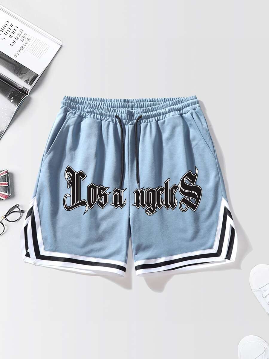 Aesthetic Post Nam Lá thư In Quần short Với Viền tương phản Chi tiết Và Eo dây rút - Màu xanh bụi bặm - Xem 1