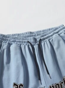 Aesthetic Post Nam Lá thư In Quần short Với Viền tương phản Chi tiết Và Eo dây rút - Màu xanh bụi bặm - Xem 5