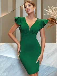 深V領荷葉邊緊身連衣裙 - 墨綠色 - 查看 3