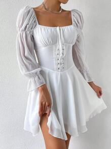SHEIN Privé Lace Up Front Flounce Sleeve Dress - White - View 1