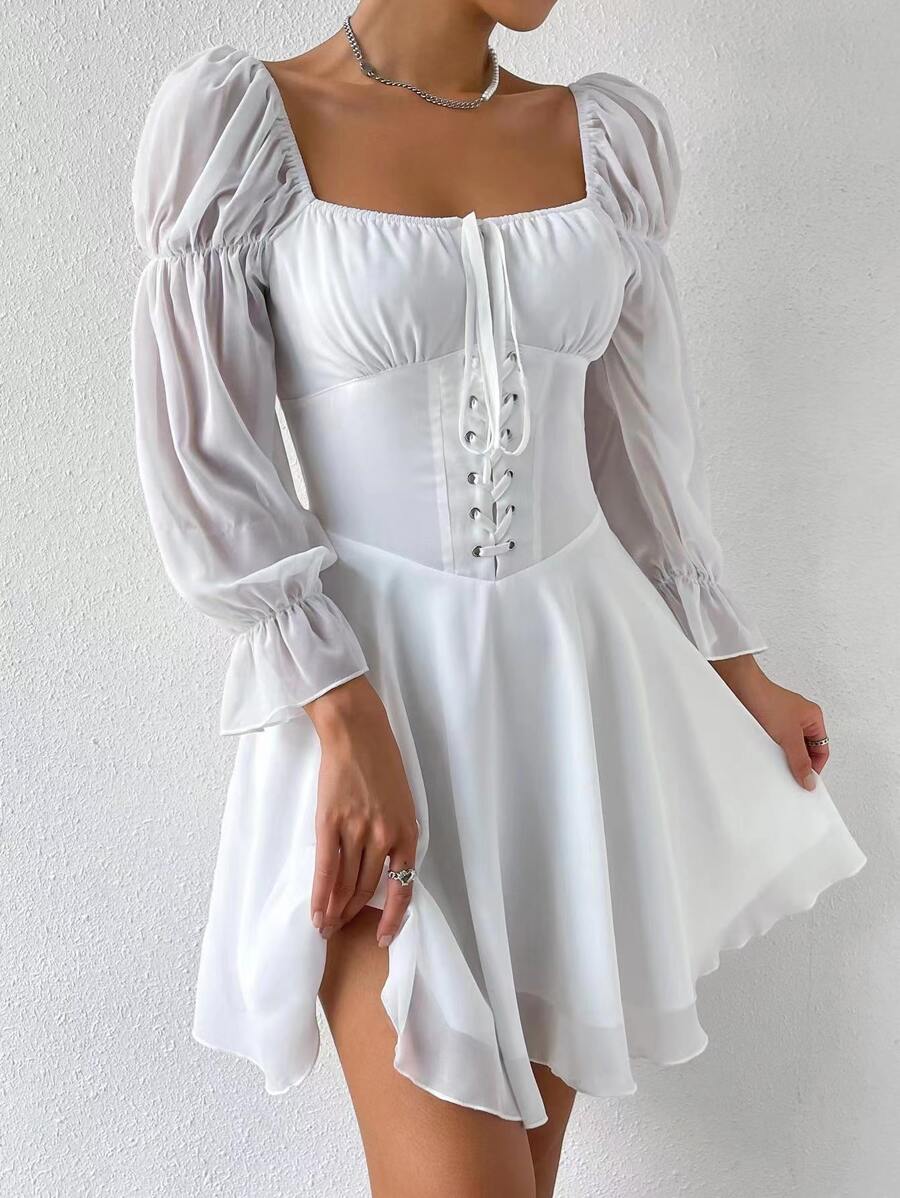SHEIN Privé Lace Up Front Flounce Sleeve Dress - White - View 1
